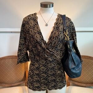 VTG 90s Venezia Black and Gold Lace Blouse with 3/4 Sleeves, Fairy Gothic Charm